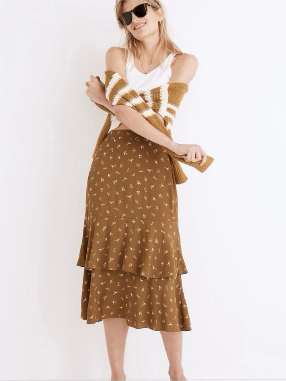 Madewell Women’s Tiered Floral Midi Skirt Olive Green Size XS Pull On Boho
